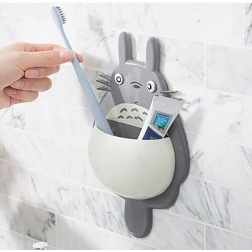 Wall Mount Cute Totoro Toothbrush Holder Storage Rack with 3 Suction Cup Cartoon Organizer Sucker Home Bathroom Accessories