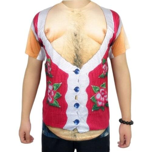 Inappropriate Hairy Christmas Ugly Christmas T Shirt for Men Funny Mens Red 3D Print Fake Two Piece Cardigan Ugly Xmas Tshirt