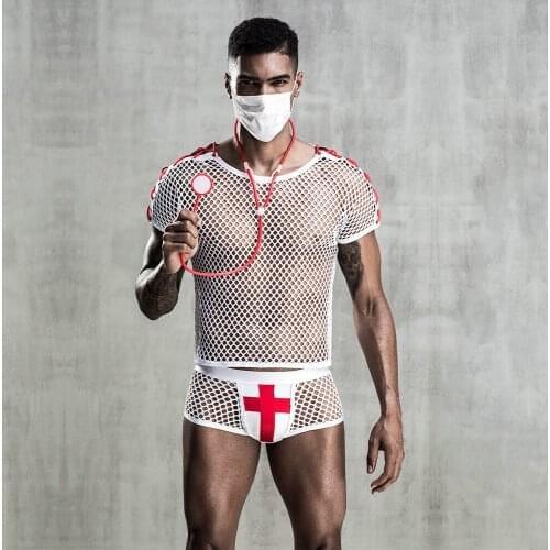 Halloween Party Clothes Mens Sexy Mesh Perspective Doctor Cosplay Costume Male Singer Nightclub Bar DJ Stage Costume DWY3714
