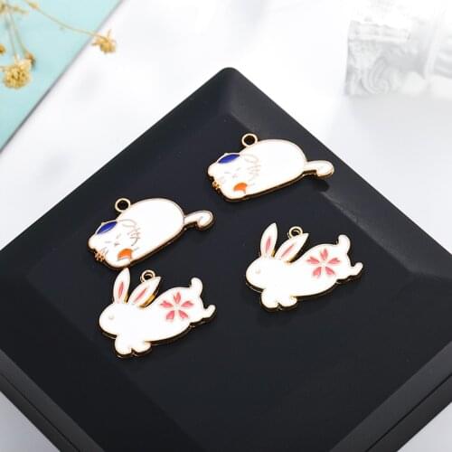 BULK! 10 CARTOON Rabbit and Cat Charm in White Enamel Animal Rabbit Metal Collections Charm for DIY Decoration Jewelry Make OP27