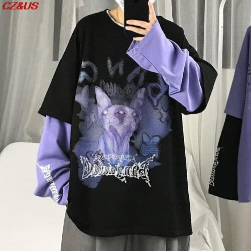 2021 Autumn High Street Darkness Long-sleeved Fake Two-piece T-shirt Students Korean Loose Tops Fashion Hip-Hop Style Men Woman