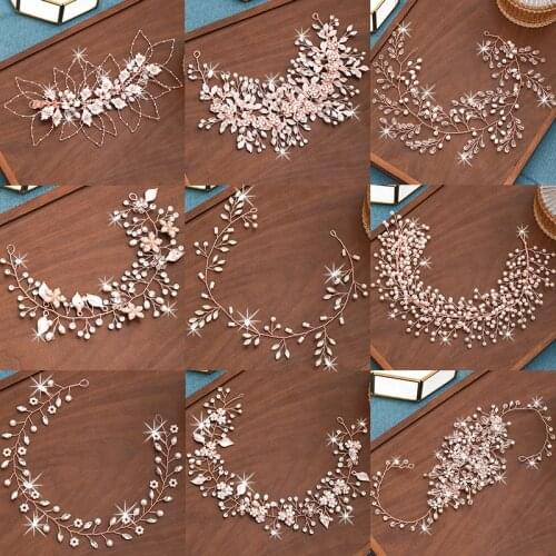 Handmade Wedding Headbands Pearl Crystal Hair Vines Women Headpiece For Bride Party Rose Gold Color Leaf Flower Head Accessories