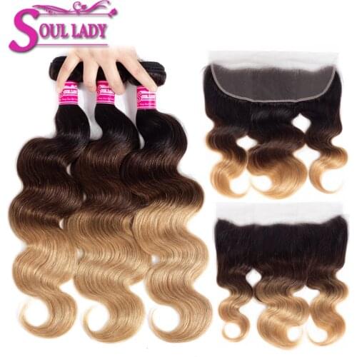 Ombre Hair Bundles With Frontal T1b/4/27 Ombre Brazilian Body Wave With Frontal Non Remy 100% Human Hair Bundles With Frontal
