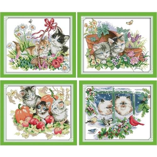 Joy Sunday Four Kittens Pet Animal Painting Series Cross Stitch Kit Four Season Chinese Counted Embroidery Needlework Decoration