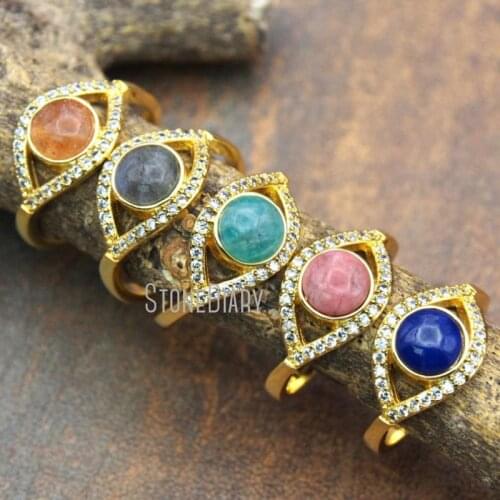 10Pcs Amazonite, Labradorite, Blue Rock, Sunstone Ring Clear Cz Micro Inserts Pure Gold Color Marquise Ring Adjustable RM15532