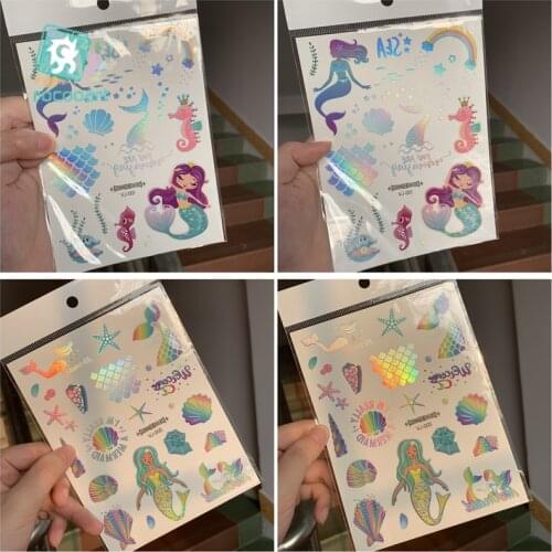 Rocooart New Arrival Colorful Mermaid Laserholograp Tattoo Children Birthday Party Decor Toys For Neck Arms Back Flash Tattoo
