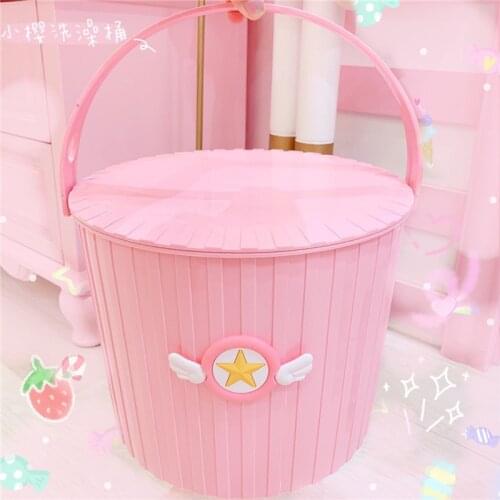 Pink Large Capacity Waste Bin Cover Home Trash Can Anime Sakura Bedroom Desktop Plastic Cute Garbage Basket