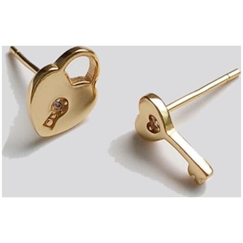 Tiny Sterling Silver Heart Shaped Key Lock Stud Earrings Minimalistic Handmade Jewelry Mother Day Gift Fine Earrings 925 Silver