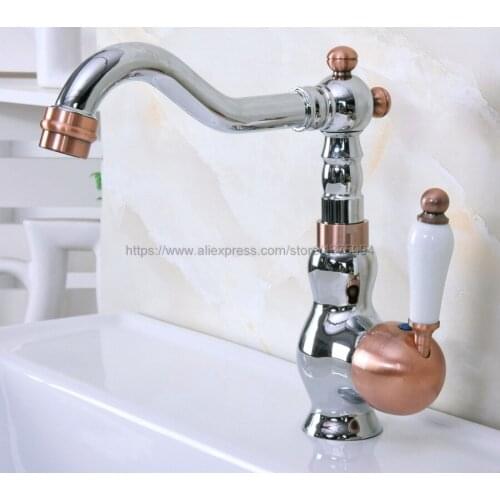 Deck Mounted Single Ceramic Handle Bathroom Sink Mixer Faucet Polished Chrome And Red Copper Hot and Cold Water Mixer Tap Nnf913