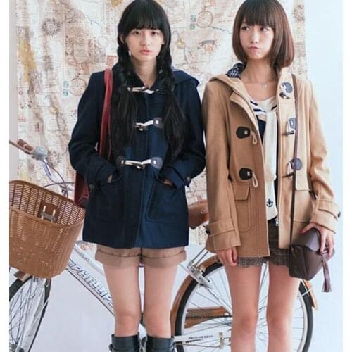 Japanese Girls School Student Uniform JK Horn Buckle Coat Trench Cute Winter Long Sleeves Outwear 3 Colors
