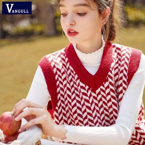 Vangull Argyle Plaid Women Sweater Vest V-Neck Short Vintage Knitted Pullover Vest Soft Korean style Loose Sleeveless tank Tops