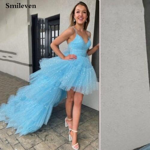 Smileven Spaghetti Strap Dot Tulle Princess Prom Gowns V Neck High Low Tiered Puff Tulle Evening Prom Party Dresses Custom Made