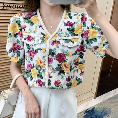 Plus Size Woman Blouses And Shirts Rose Flower Printed 2021 Casual Loose Short Sleeve Shirt Tops V-neck Female Womens Clothing