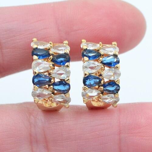 Gold Color Women Trendy White Blue Cubic Zirconia CZ Huggie Hoop Earrings Jewelry