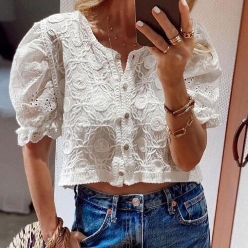 Floral V-nect hollow out short sleeve women sexy cardigan soild double breasted loose womens crop tops 2021 summer ladies shirt