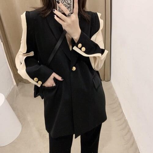 Contrast Color Patchwork Sleeve Blazer Women Turndown Collar Natural Classic Womens Jackets Elegant Outerwear Female Jacket