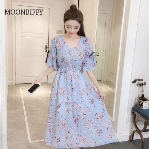 Women Chiffon Dress 2021 Female Elegant Vintage Prited Floral Party Dresses Spring Summer Short Sleeve Loose A-line Boho Dress