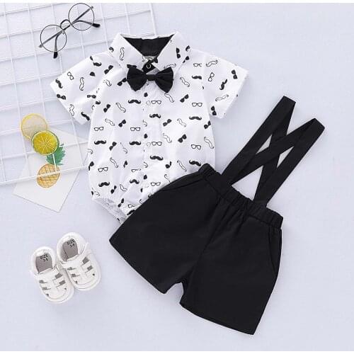 0-18m) Boys Suit Little Gentleman Summer Solid Color Beard Printed Romper + Suspenders Suit Simple And Versatile комплекты 30