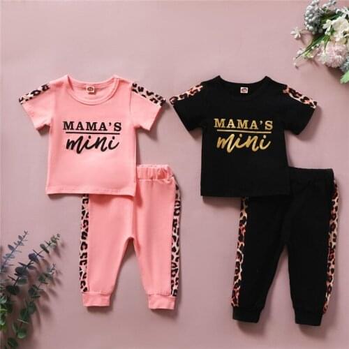 0-3Years Kids Girls Casual Clothing Sets Summer Children Girls Letter Print Pullover T-shirts+Long Pants Leopard Tracksuits