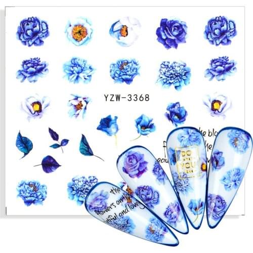 1 Sheet Blue Rose Flower Nail Water Sticker Leaf Butterfly Abstract Image Transfer Sliders Decals Nail Art Decoration Foil