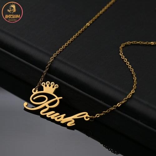 Akizoom Custom Name Crystal Crown Necklace Gold Color Nameplate Letter Pendant for Women Charm Chain Jewelry Customized Gift