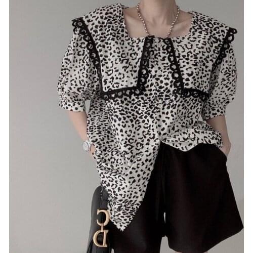 Deeptown Leopard Print Womens Blouses with Lace Harajuku Sailor Collared Shirt Korean Style 2021 Fashion Leisure Kawaii Cute Top