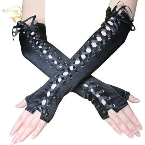 Long Ribbon Fingerless Gloves Black Women Gloves Clubwear Sexy Cosplay Party Costumes Gloves Satin Mittens Ladies Lacing Gloves