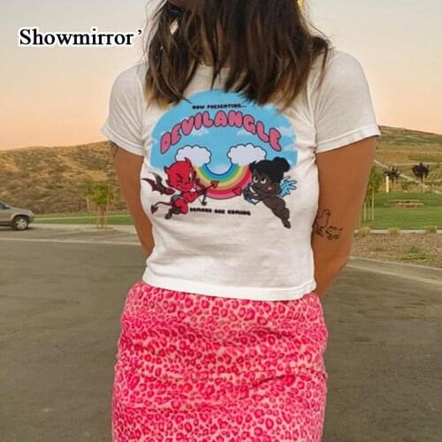 Showmorror Harajuku Kwaii Demon Print Summer T-shirts For Women White Crop Tops Skinny Summer Baby Clothes 90s Streetwear