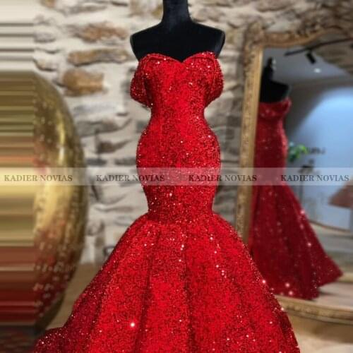 KADIER NOVIAS New Arrival Long Red Sequins Mermaid Wedding Dresses 2021 Arabic Off the Shoulder Bridal Gowns Vestido de noiva