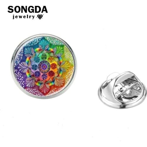 SONGDA Charm Retro Mandala Henna Flower Stainless Steel Pins Silver Plated Indian Style Floral Photo Glass Dome Lapel Pin Brooch