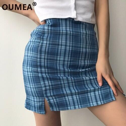 OUMEA Women Blue Plaid Skirt Summer Vintage Skirt High Waist Femme Gingham Cute Short Skirt Party A Line Casual Plaid Skirt