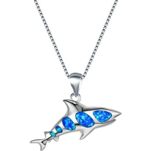 White Blue Fire Opal Stone Necklace Female Cute Big Shark Animal Pendant Necklace Vintage Silver Color Chain Necklaces For Women
