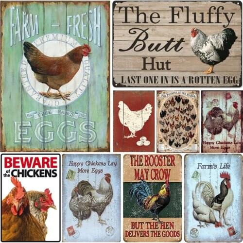 Shabby Chic Metal Posters Decorative Chicken Vintage Metal Tin Signs Antique Cock Farm Shop Retro Art Wall Poster Plates