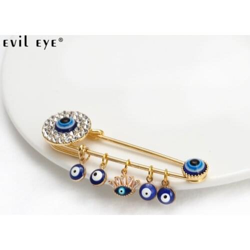 EVIL EYE Dropping Oil Blue Turkish Evil Eye Tassel Brooch Pin Gold Silver Color Heart Hand Charm Brooch for Women Girls BE218