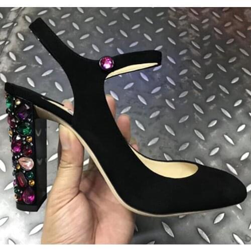 New Rhinestone Dress Sandals Best Suede Black 10 cm Heel Gladiator Women High Heel Sandals Office Lady Pumps Crystal Shoes