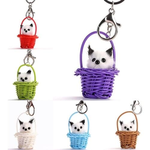 Cute Basket Cat Pompom Key Chains For Women Girls Bag Handmade Woven Key Chains Mens Car Key Rings Pendant Charms