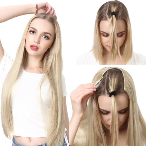 U Part Half Wig Blonde Ombre Long Straight Shaped Head Cheap Synthetic Black Honey Blonde 613 28 inch Hair Female For Women 02