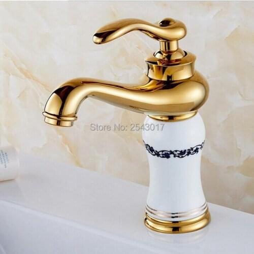 Blue and White Porcelain Golden Plated Basin Faucet Bathroom Single Hole Hot and Cold White Ceramic Faucet Deck Mounted ZR483