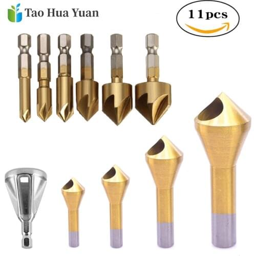 11pcs HSS Countersink Chamfer Drill Bit 1/4" Hex Shank Titanium Coated Woodworking Core Dril Bit Power Tool Accessories AA