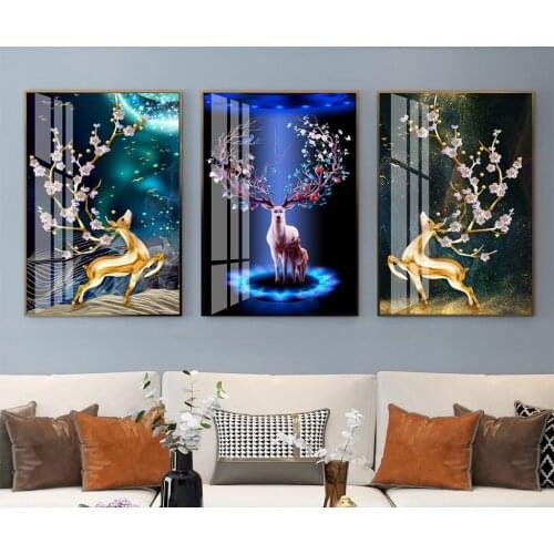 Modern Light Luxury Elk Poster Living Room Restaurant Hotel Wall Triple Decoration Hanging Painting Canvas Print Painting Core