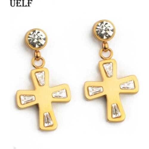 Uelf Fashion Retro Gold Cross Earrings Personality Ladies Crystal Tassel Pendant Earrings Student Party Jewelry