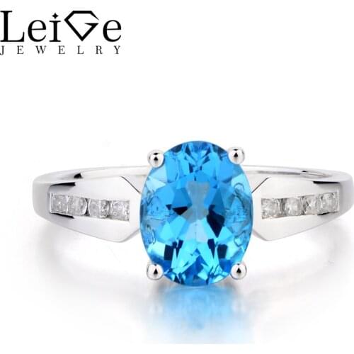 Leige Jewelry Swiss Blue Topaz Ring Wedding Ring Oval Cut Blue Gemstone Ring Real 925 Sterling Silver Ring November Birthstone