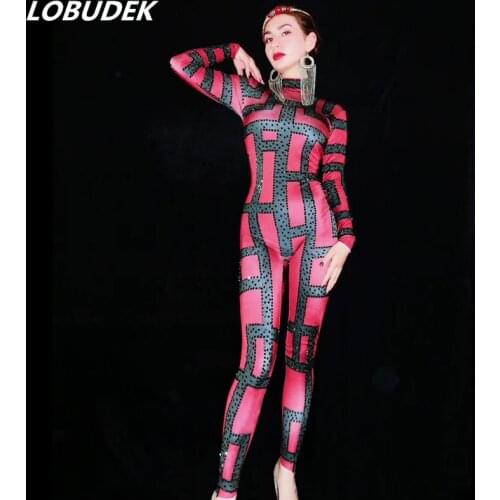 Female Wine Red Crystals Tight-fitting Jumpsuit Stage Wear Bar Nightclub Singer Dancer Performance Costume Birthday Jumpsuits