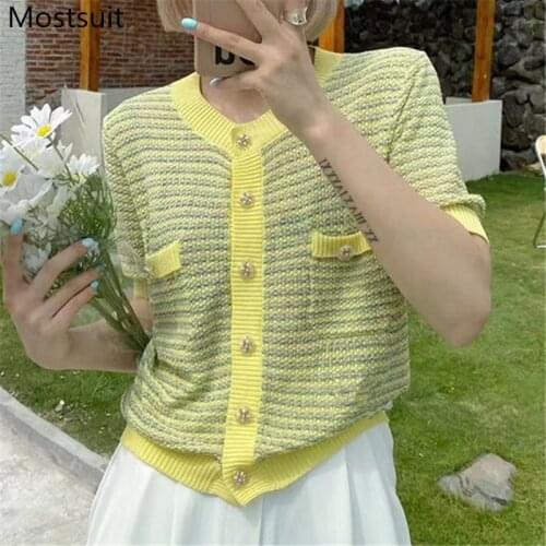 Korean Vintage Knitted Cardigan Knitwear Women Short Sleeve O-neck Single Breasted Sweater Elegant Fashion Ladies Jumpers 2021