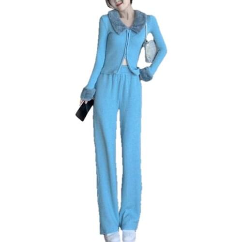 2 Piece Set Women Knitted Tracksuits New Zipper Cardigan Sweaters + Wide Leg Pants Two Pieces Sets Clothing