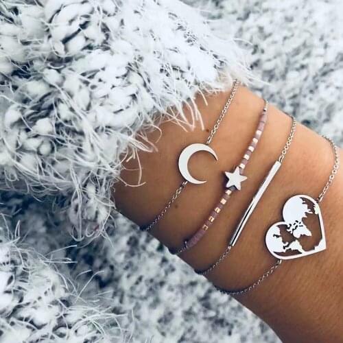 4 Pcs/Set Bohemian Retro Star Moon Map Heart Chain Bracelet Set Women Charm Party Jewelry Accessories Drop Shipping