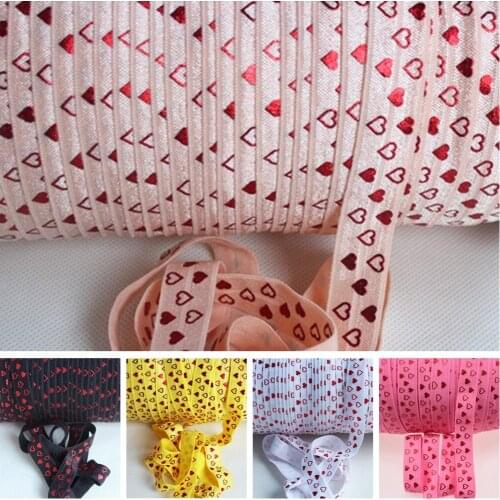 5/8" Red foil hearts FOE fold over elastic heart printed ribbon for Valentine DIY hair ties accessory welcome custom designs