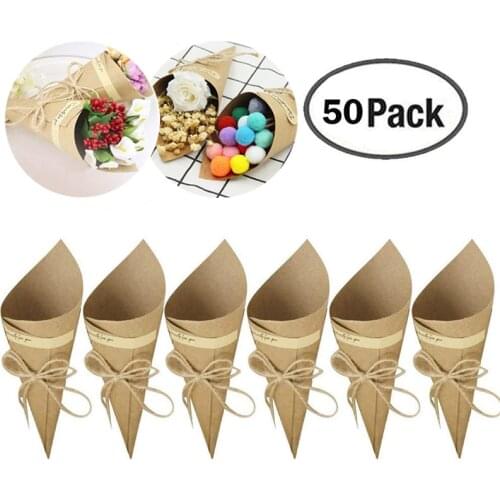 50Pcs/set Retro Folding Kraft Paper Confetti Cone Bouquet With Hemp Ropes Wedding DIY Decoraion Gifts Packing Party Supplies
