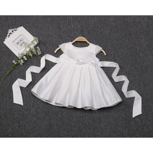 Baby Baptism White Satin Dress Bow Newborn Baby Girls Infant Beaded Dresses Baby Dress 1 Year Old Birthday Girl Dress