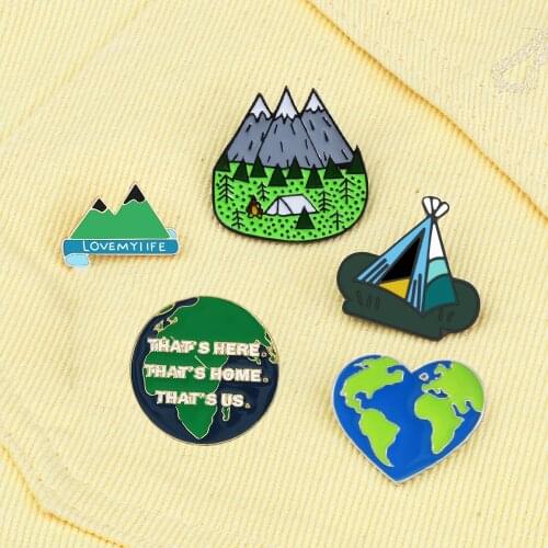 Earth Travel Adventure Mountain Forest Enamel Pin Earth Heart Explore Nature Button Badge Brooches for Women Men Outdoorsy Gifts